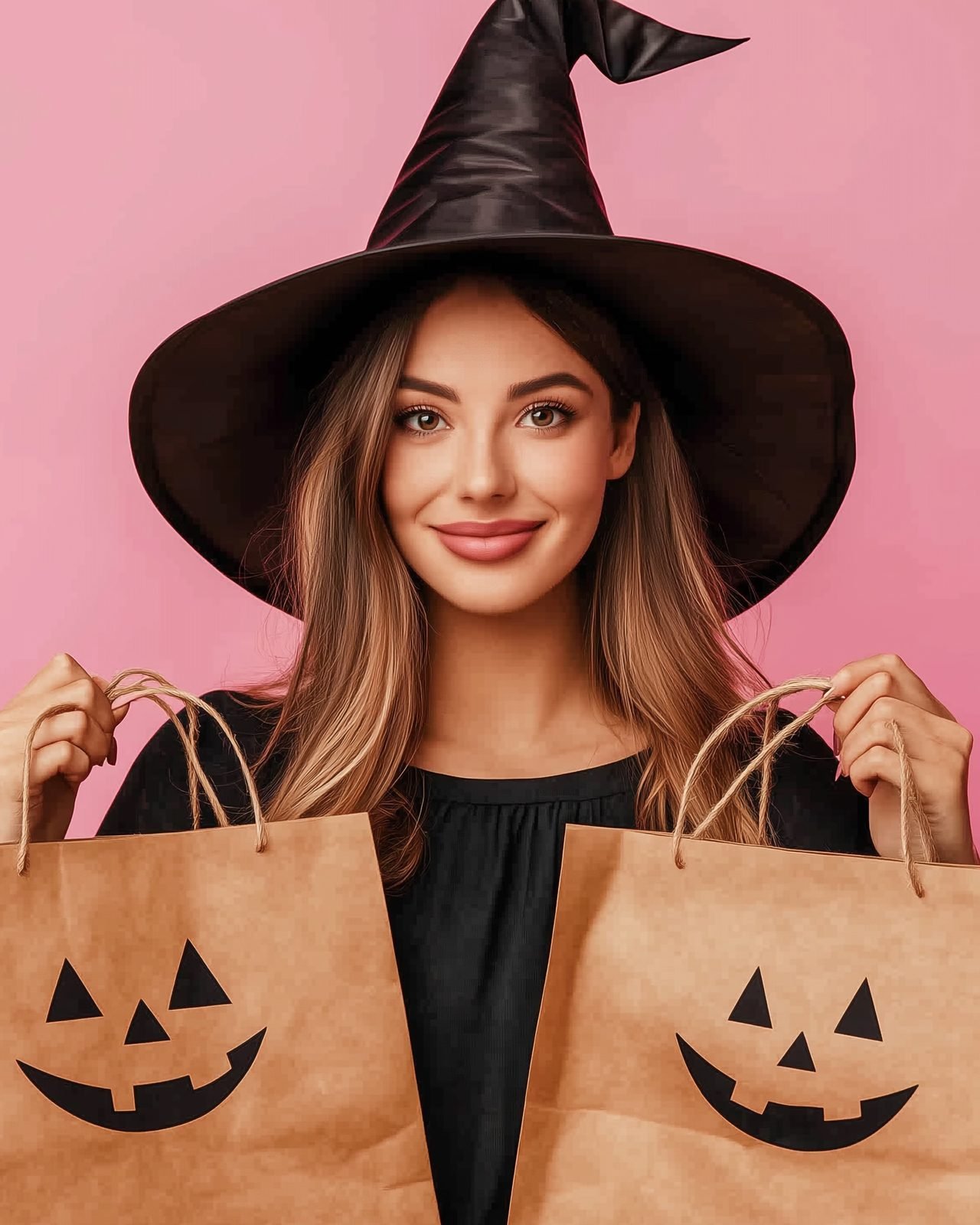 Smiling woman in a witch hat holding two pumpkin-face gift bags on a pink background