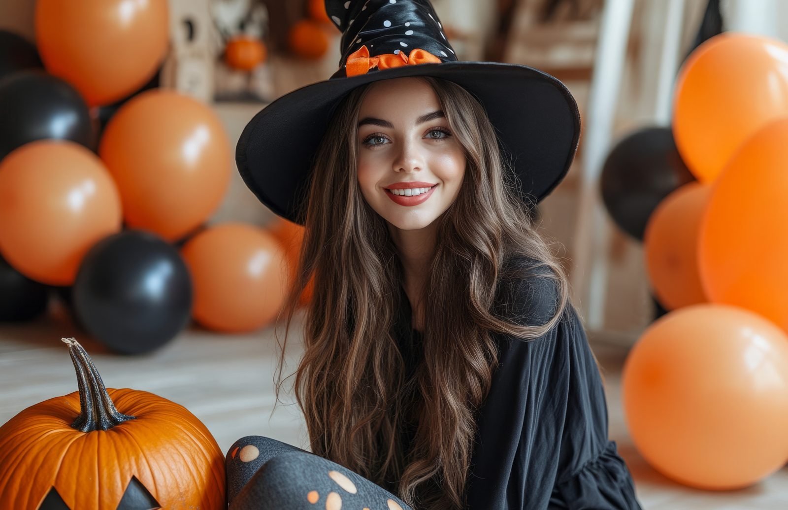 Woman in a witch hat celebrating with orange pumpkin balloons