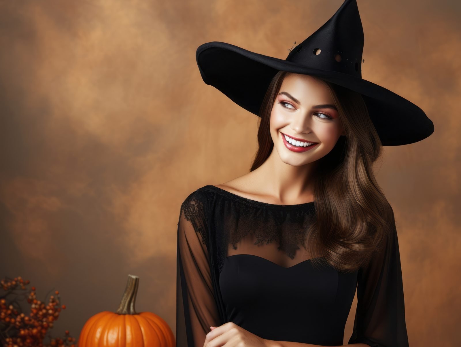 Woman in an elegant black Halloween costume and witch hat, smiling