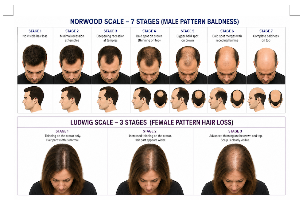 Norwood scale 7 stages of male pattern baldness and Ludwig scale 3 stages of female pattern hair loss, used to assess hair restoration in Chicago