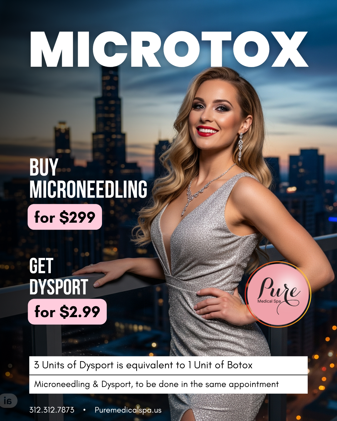 MicroTox offer at PURE Medical Spa Chicago: microneedling for $299 with Dysport at $2.99 per unit