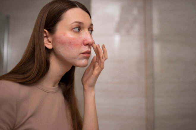 Woman checking redness around her nose in a bathroom mirror before an IPL consultation