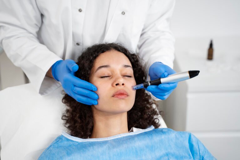 Relaxed patient having a professional microneedling treatment, a gentle option for healed surgical scars